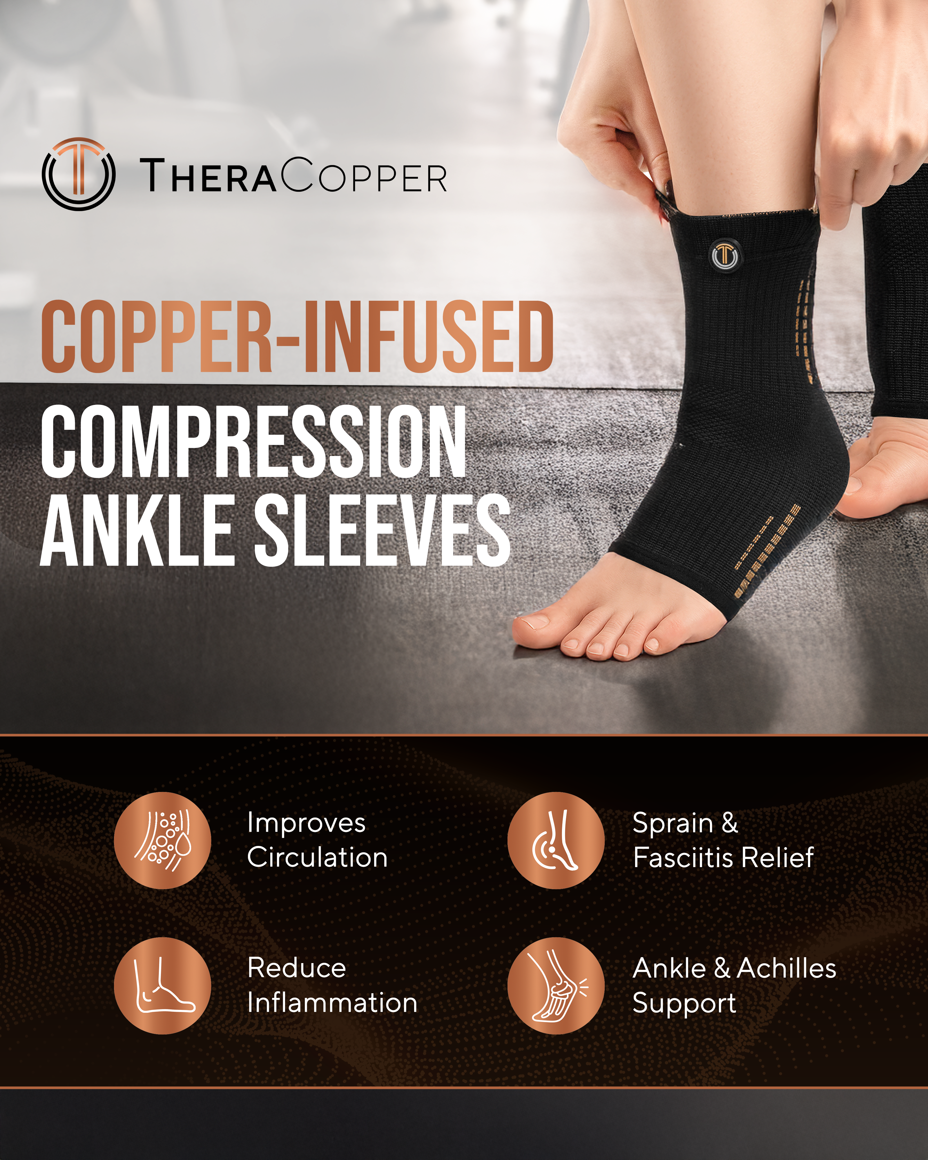 Copper Compression Ankle Brace Sleeves Support Pair