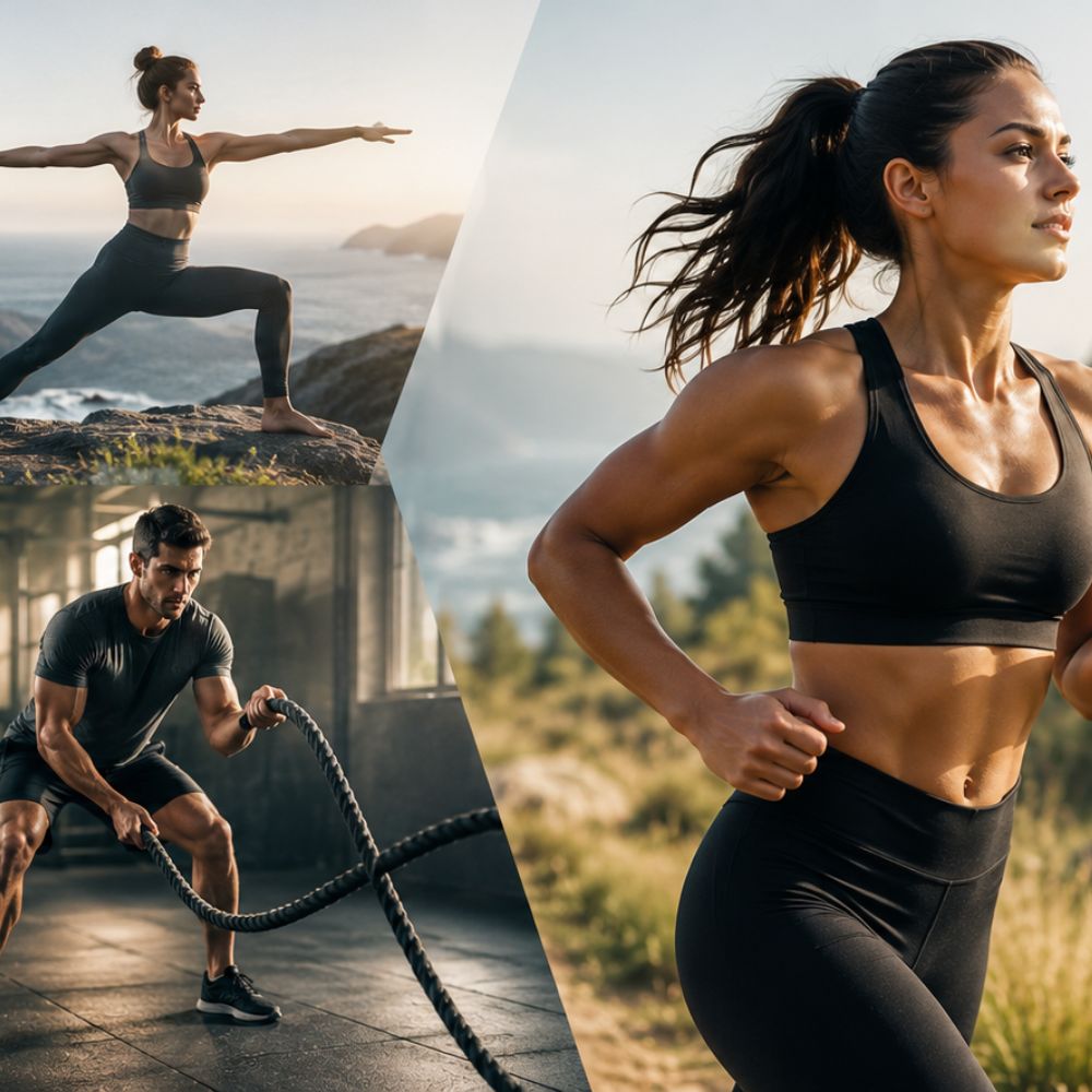 A fitness-themed collage showing three people exercising outdoors: a woman in a yoga pose on a cliffside path, a man battle-roycing on a patio, and a close-up of a woman running in a black sports bra and leggings set.
