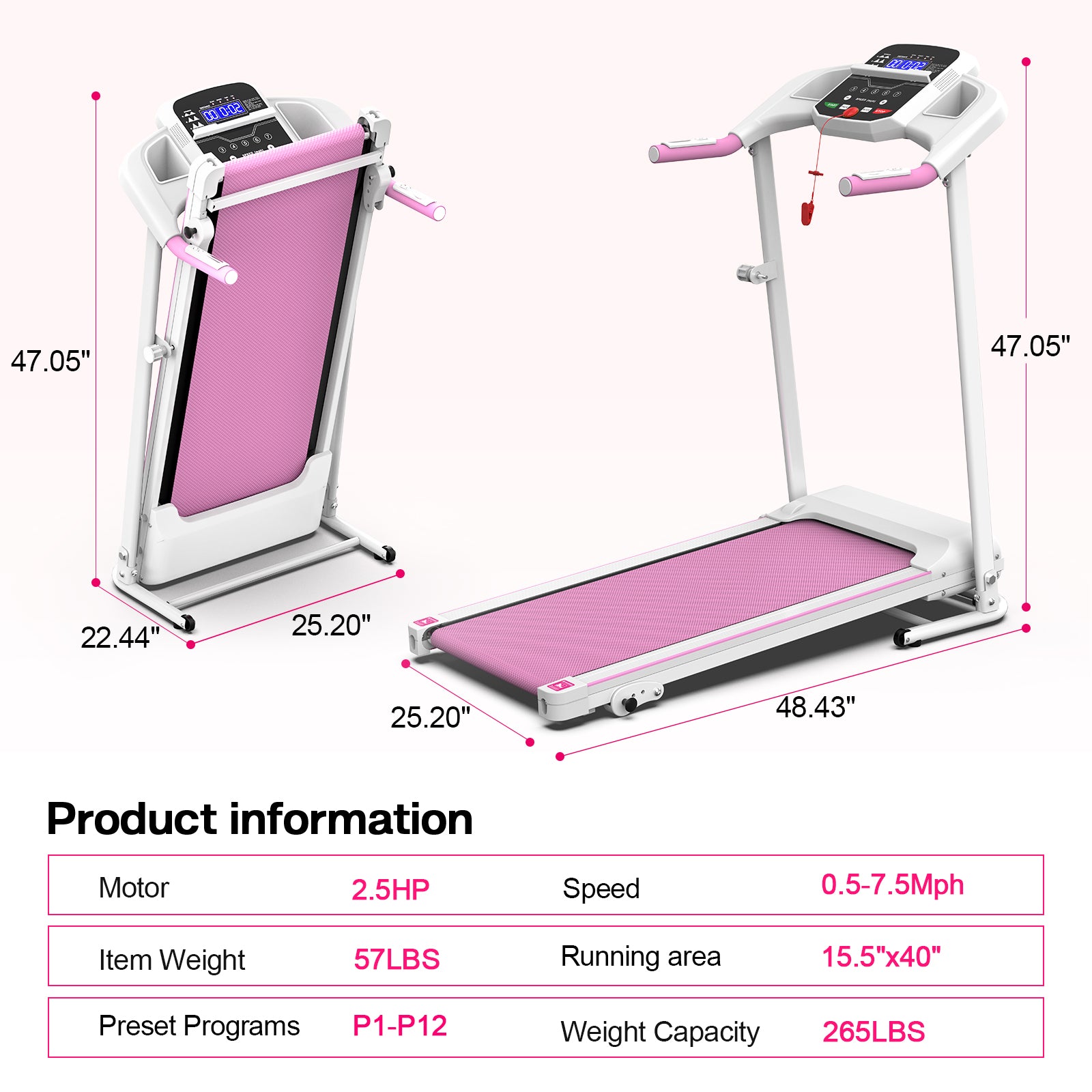 Foldable 2.5HP Electric Treadmill Home Gym Running Machine