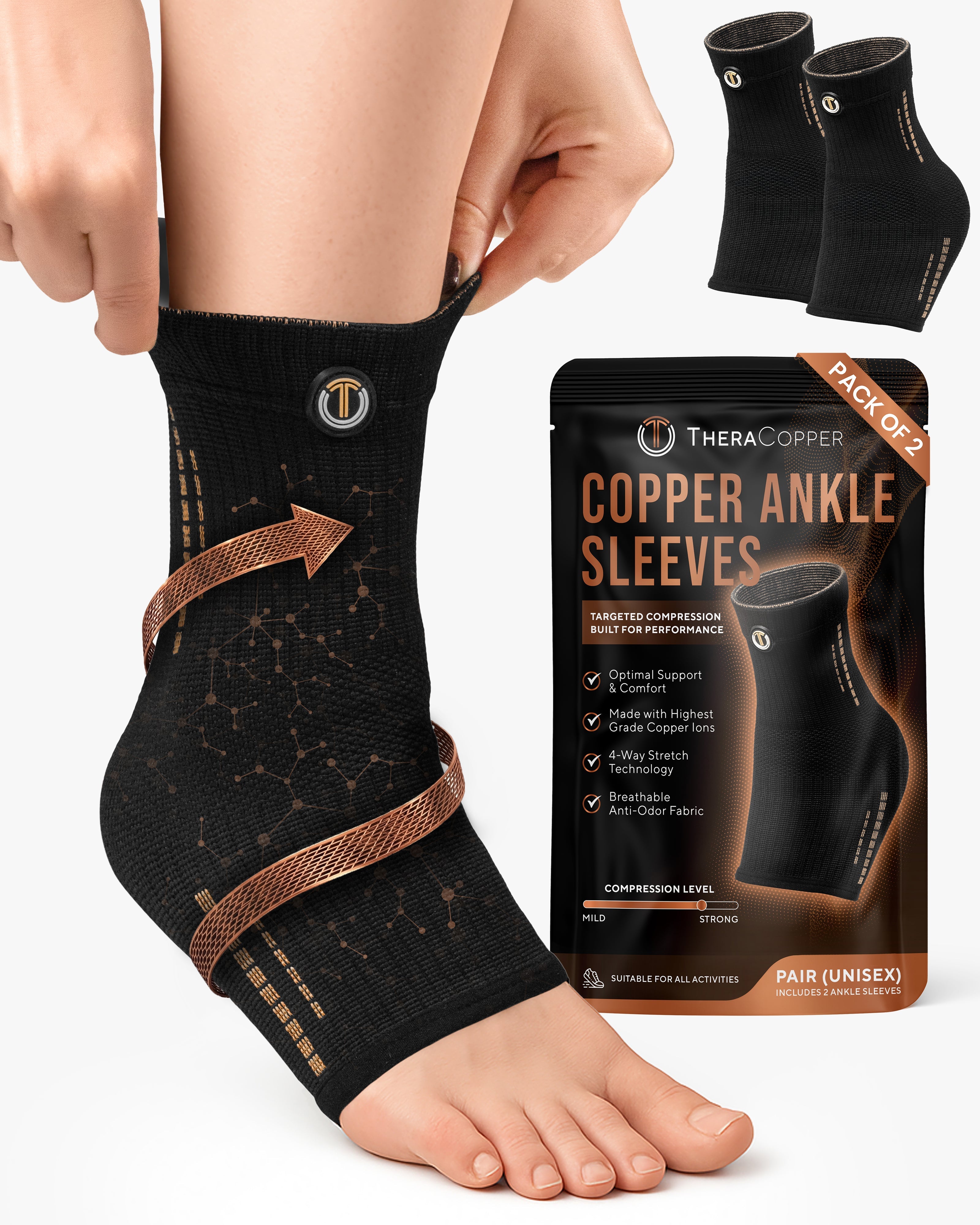 Copper Compression Ankle Brace Sleeves Support Pair