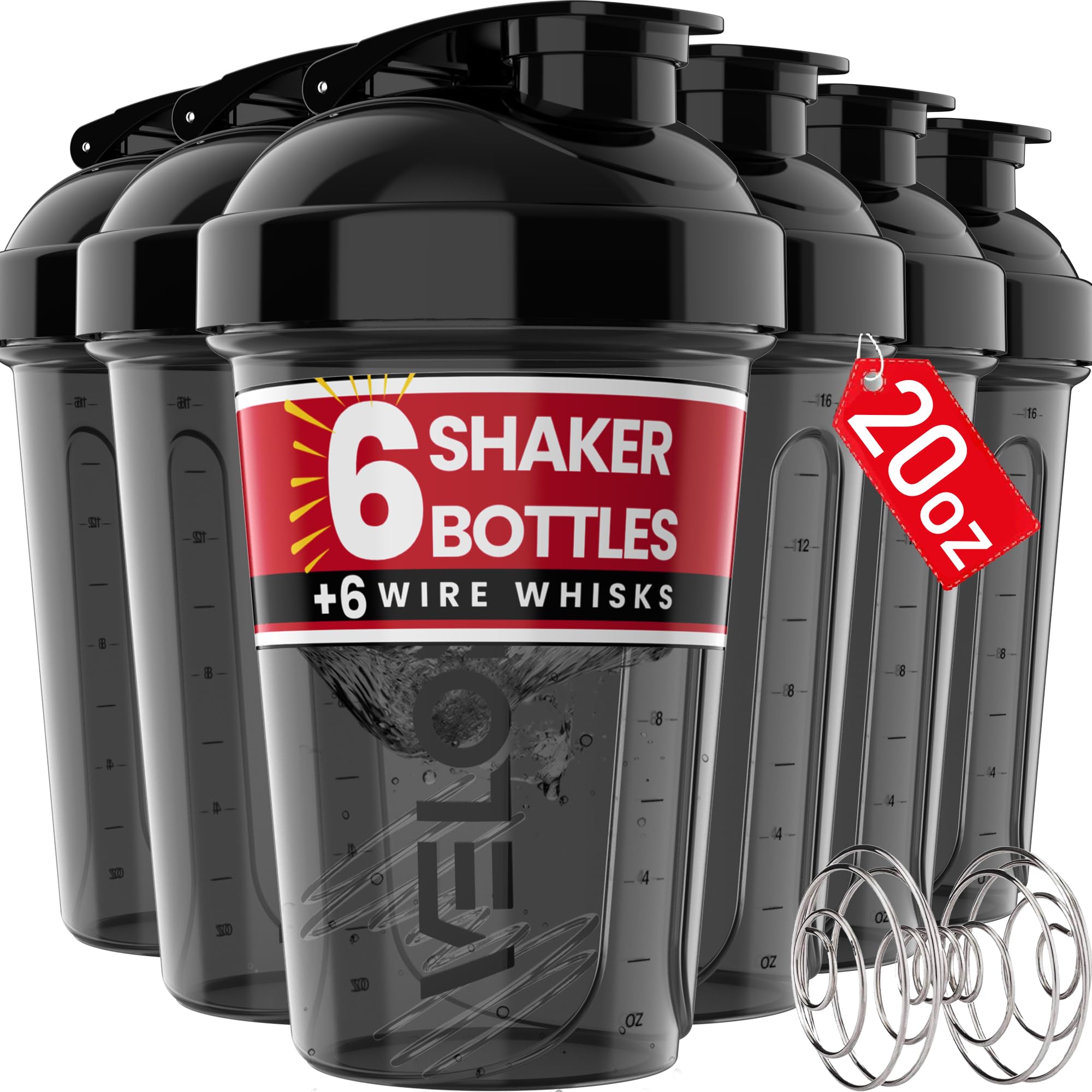 6 Pack 20oz Protein Shaker Bottles Set